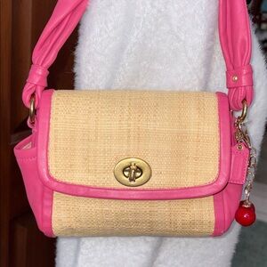 Coach  mini satchel shoulder bag  straw & Leather pink / natural tan turnlock